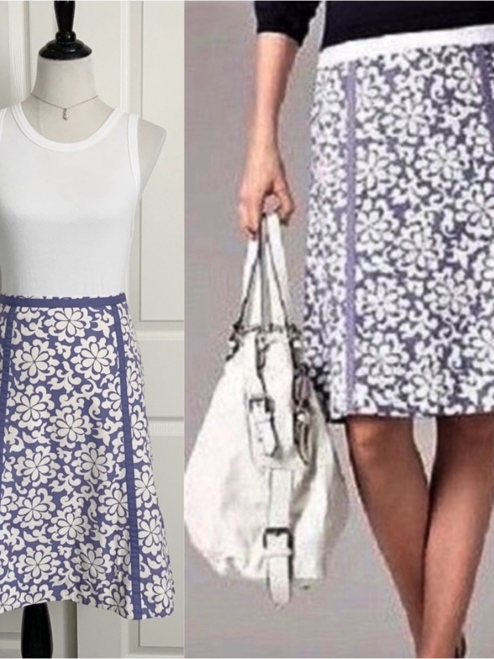Boden Soft 100 Cotton Knee Length A-Line Bold Floral Blue & White Print Skirt